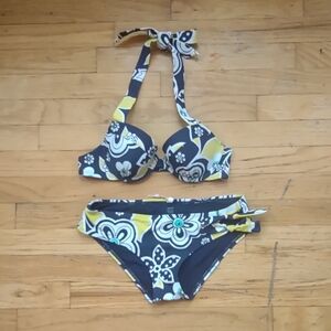 Aerie Floral Bikini Full Set Top & Tie Side Bottoms 34B Small Black Yellow White